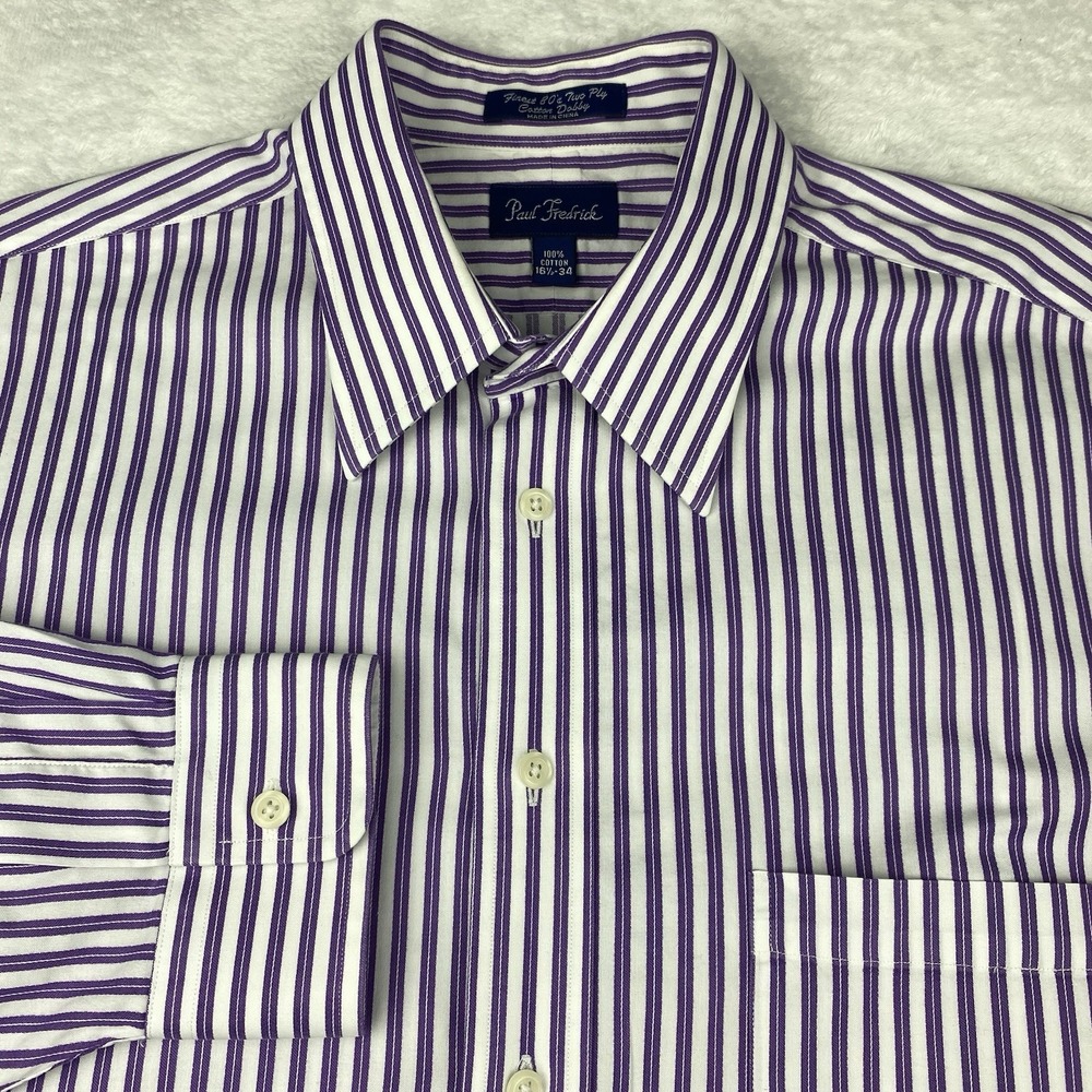 Paul Fredrick Dress Shirt Men's 16.5-34 White w/Purple Stripes Regular Fit